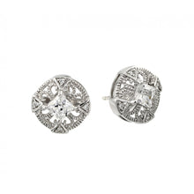 Load image into Gallery viewer, Sterling Silver Rhodium Plated Fashionable Round Intricate Earrings with Square CZ StoneAnd Earring Dimensions of 10MMx10MM