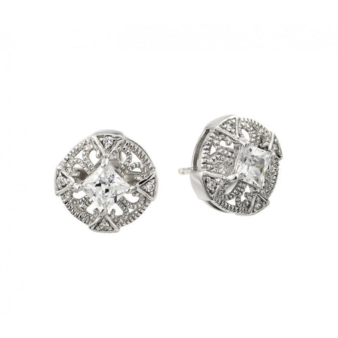 Sterling Silver Rhodium Plated Fashionable Round Intricate Earrings with Square CZ StoneAnd Earring Dimensions of 10MMx10MM