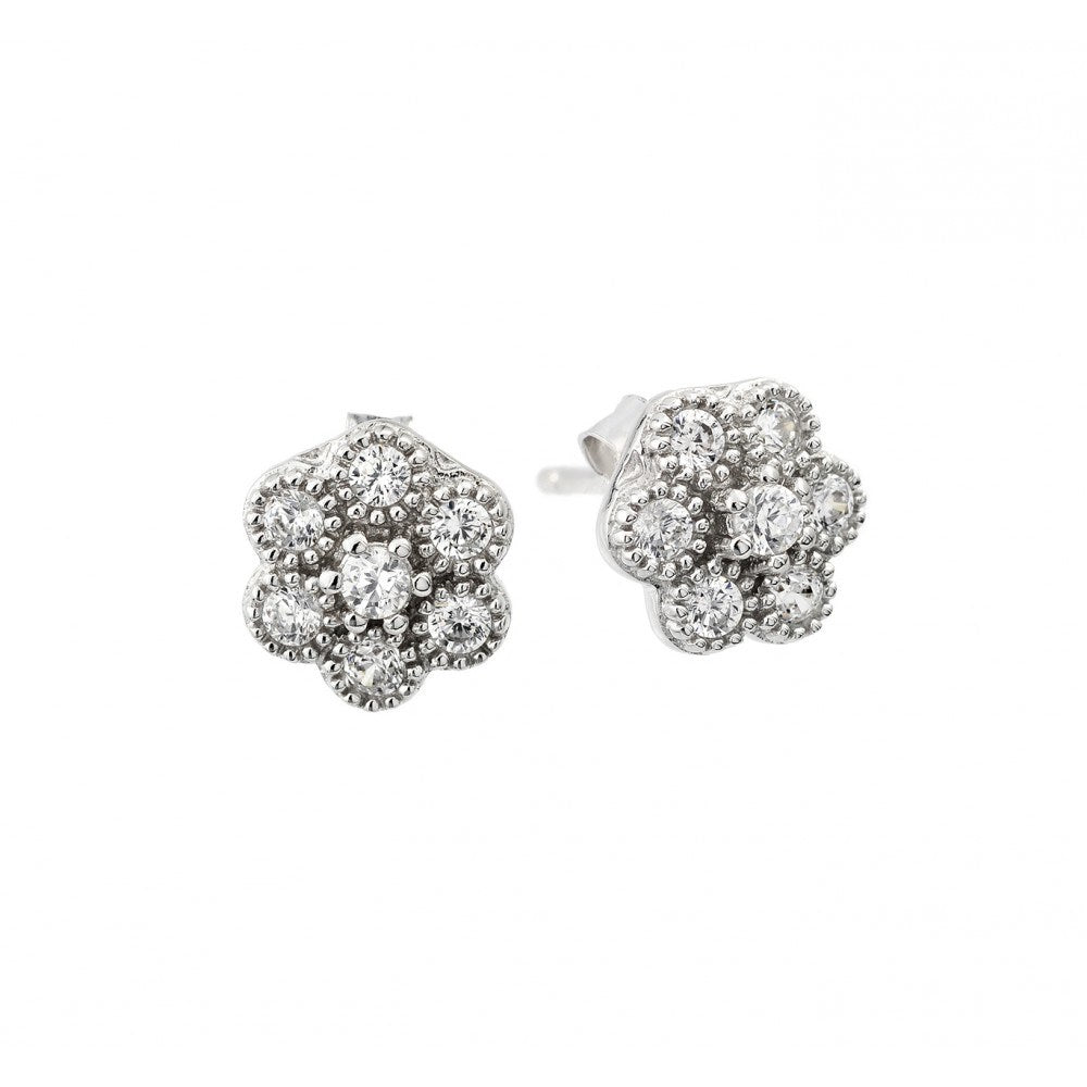 Sterling Silver Rhodium Plated Stylish Cluster Flower Clear CZ Stud Earrings with Earrinfg Dimensions of 8MMx8MM and Friction Back Post