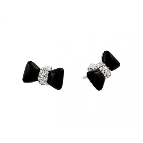 Sterling Silver Rhodium Plated Black Enamel Bow Tie Earrings with Cz Pave MiddleAnd Earring Dimensions of 7MMx12MM and Friction Post Back