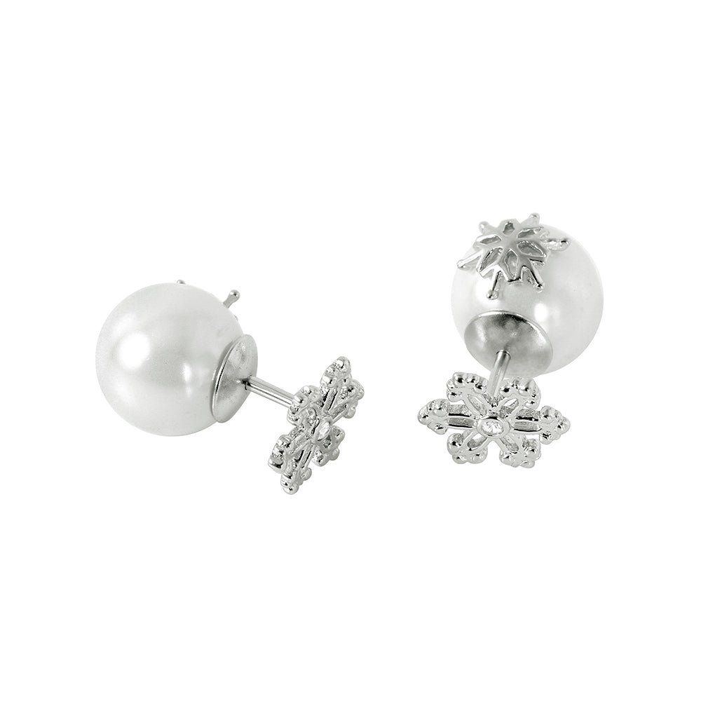 Sterling Silver Fancy Snowflake Inlaid with Single Cz with White Pearl and Snowflake Design Back Stud EarringAnd Earring Dimensions of 10MMx11MM