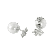 Load image into Gallery viewer, Sterling Silver Fancy Snowflake Inlaid with Single Cz with White Pearl and Snowflake Design Back Stud EarringAnd Earring Dimensions of 10MMx11MM
