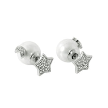 Load image into Gallery viewer, Sterling Silver Fancy Pave Star with White Pearl and Pave Moon Design Back Stud EarringAnd Earring Dimensions of 10MMx11MM