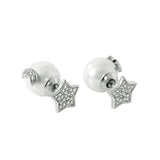 Sterling Silver Fancy Pave Star with White Pearl and Pave Moon Design Back Stud EarringAnd Earring Dimensions of 10MMx11MM