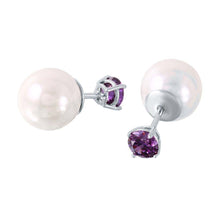 Load image into Gallery viewer, Sterling Silver Rhodium Plated Faux Pearl Birthstone Stud Earrings With Purple