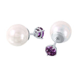 Sterling Silver Rhodium Plated Faux Pearl Birthstone Stud Earrings With Purple