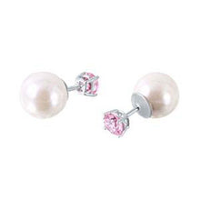 Load image into Gallery viewer, Sterling Silver Rhodium Plated Faux Pearl October Birthstone Stud Earrings with Pink CZ