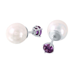 Sterling Silver Rhodium Plated Faux Pearl February Birthstone Stud Earrings with Amethyst CZ