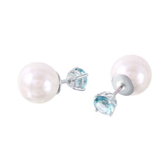 Sterling Silver Rhodium Plated Faux Pearl March Birthstone Stud Earrings with Aquamarine CZ