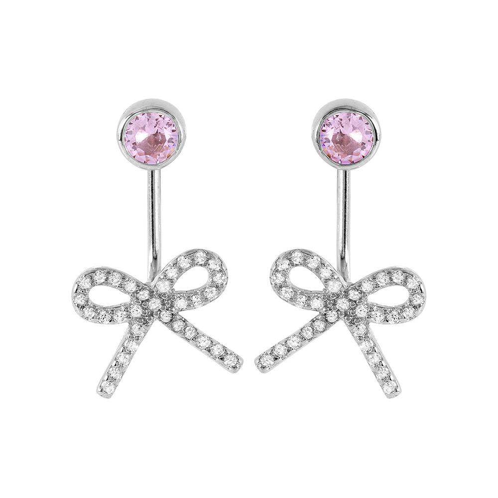 Sterling Silver Trendy Round Pink Cz and Dangling Pave Bowtie Stud Earring with Friction Back PostAnd Earring Dimensions of 20MMx12MM