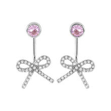 Load image into Gallery viewer, Sterling Silver Trendy Round Pink Cz and Dangling Pave Bowtie Stud Earring with Friction Back PostAnd Earring Dimensions of 20MMx12MM