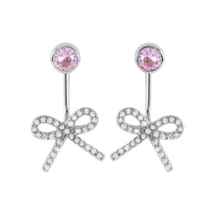 Sterling Silver Trendy Round Pink Cz and Dangling Pave Bowtie Stud Earring with Friction Back PostAnd Earring Dimensions of 20MMx12MM