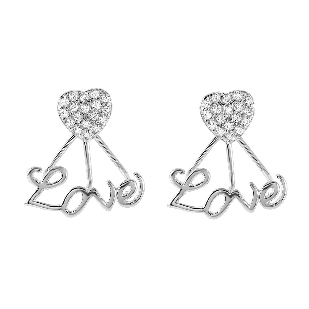 Sterling Silver Fancy Pave Heart Love Rake Stud Earring with Friction Back PostAnd Earring Dimensions of 16MMx16MM