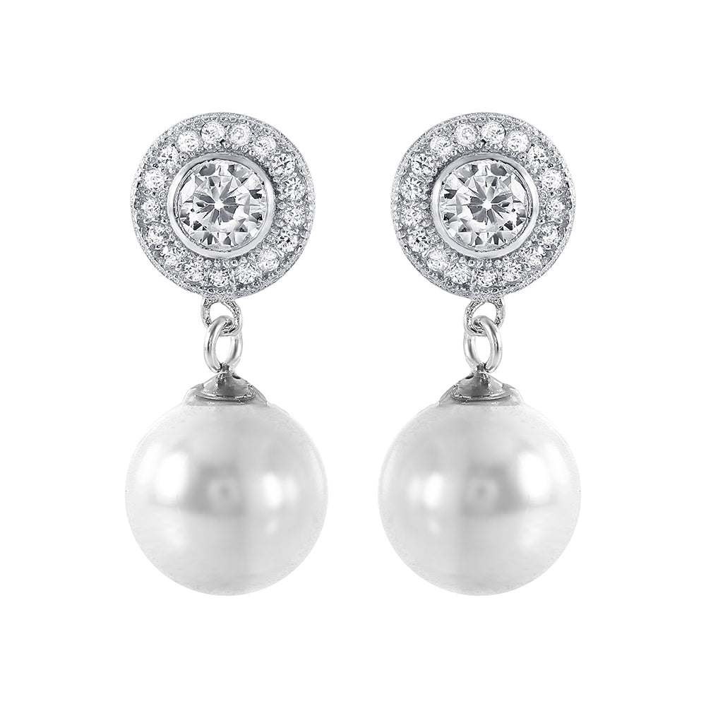 Sterling Silver Elegant Cz Cluster with Dangling White Pearl Stud EarringAnd Friction Back PostAnd Earring Dimensions of 23MMx10MM