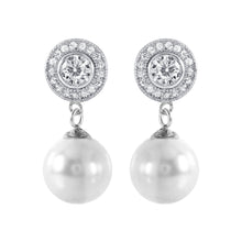 Load image into Gallery viewer, Sterling Silver Elegant Cz Cluster with Dangling White Pearl Stud EarringAnd Friction Back PostAnd Earring Dimensions of 23MMx10MM