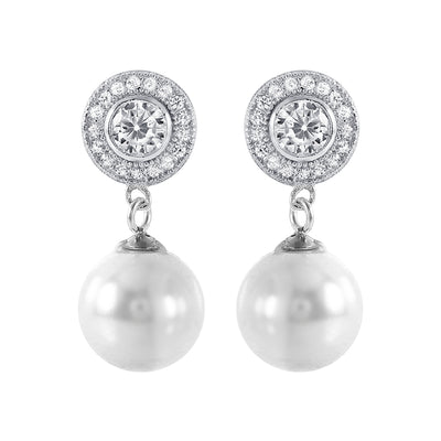 Sterling Silver Elegant Cz Cluster with Dangling White Pearl Stud EarringAnd Friction Back PostAnd Earring Dimensions of 23MMx10MM