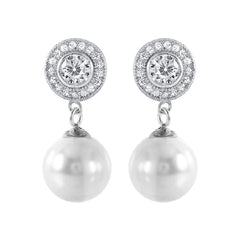 Sterling Silver Elegant Cz Cluster with Dangling White Pearl Stud EarringAnd Friction Back PostAnd Earring Dimensions of 23MMx10MM