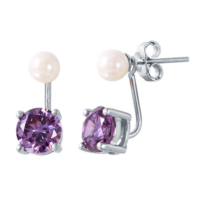 Sterling Silver Rhodium Plated Pearl Purple CZ Earring