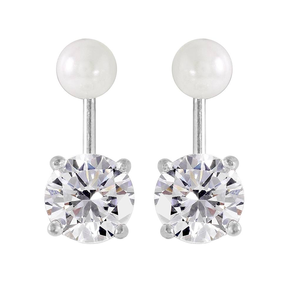 Sterling Silver Classy White Pearl and Dangling Round Cut Clear Cz Stone Stud Earring with Friction Back PostAnd Earring Dimensions of 16MMx7MM