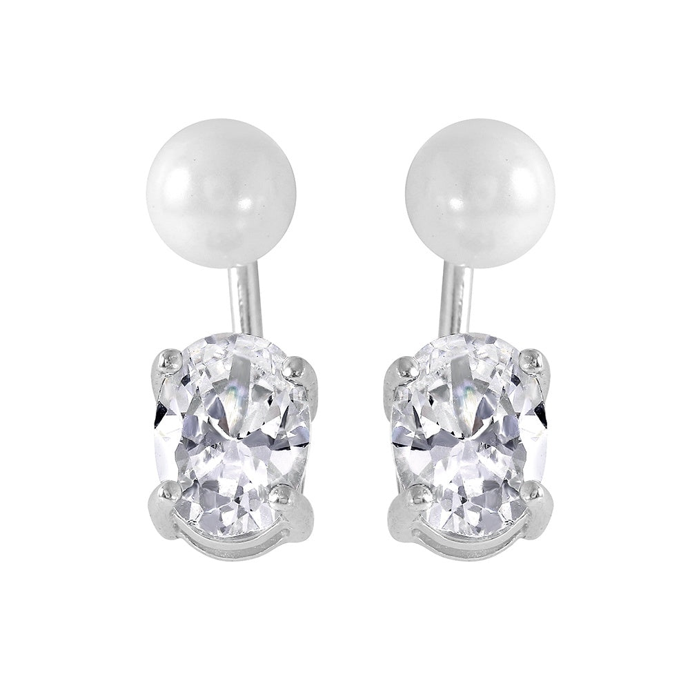 Sterling Silver Classy White Pearl and Dangling Oval Cut Clear Cz Stone Stud Earring with Friction Back PostAnd Earring Dimensions of 17MMx5MM