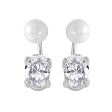 Load image into Gallery viewer, Sterling Silver Classy White Pearl and Dangling Oval Cut Clear Cz Stone Stud Earring with Friction Back PostAnd Earring Dimensions of 17MMx5MM