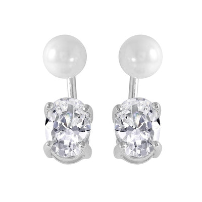 Sterling Silver Classy White Pearl and Dangling Oval Cut Clear Cz Stone Stud Earring with Friction Back PostAnd Earring Dimensions of 17MMx5MM