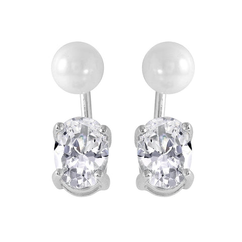 Sterling Silver Classy White Pearl and Dangling Oval Cut Clear Cz Stone Stud Earring with Friction Back PostAnd Earring Dimensions of 17MMx5MM