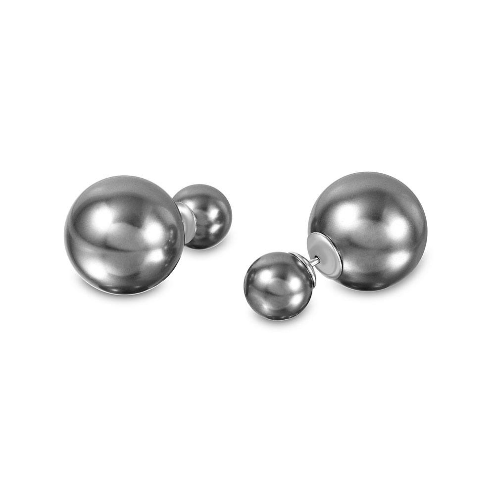 Sterling Silver Rhodium Plated Big and Small Round Grey Synthetic Pearl Stud Earrings with Large Pearl Diameter of 14.1MM and Small Pearl Diameter of 7.9MM