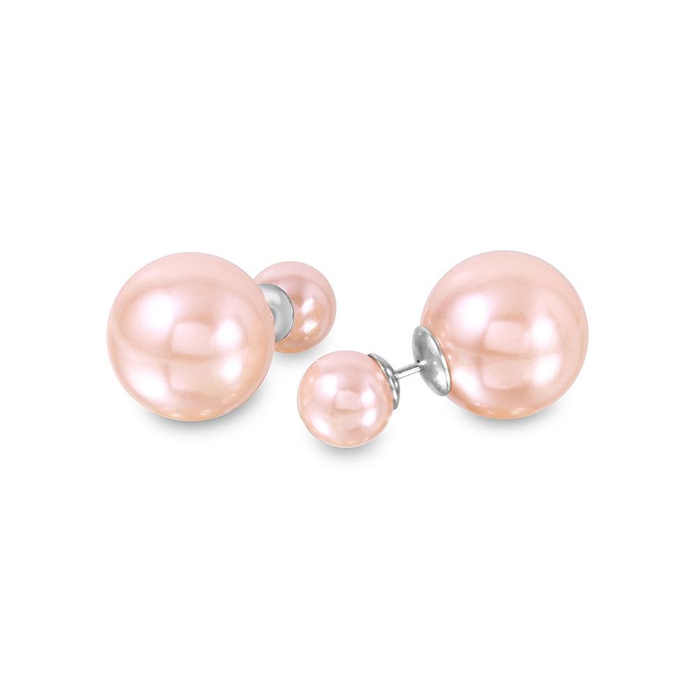 Sterling Silver Rhodium Plated Big and Small Round Pink Synthetic Pearl Stud Earrings with Large Pearl Diameter of 14.1MM and Small Pearl Diameter of 7.9MM