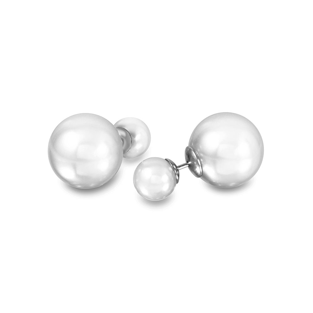 Sterling Silver Nickel Free Rhodium Plated Double Round Shaped .925 White Pearl Stud Earrings