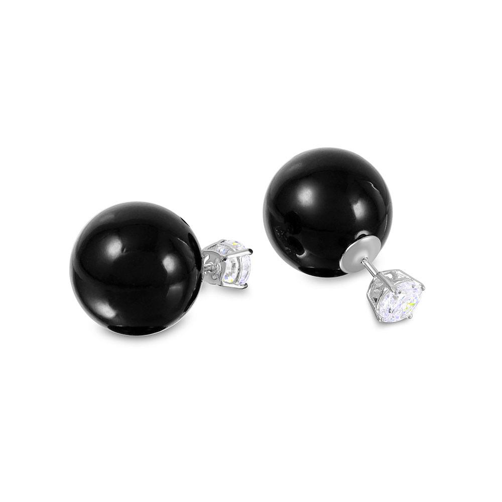 Sterling Silver Rhodium Plated Round CZ Stud Earrings With Black Synthetic Pearl BackAnd Pearl Diameter of 15.8MM and CZ Diameter of 6MM