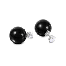 Load image into Gallery viewer, Sterling Silver Rhodium Plated Round CZ Stud Earrings With Black Synthetic Pearl BackAnd Pearl Diameter of 15.8MM and CZ Diameter of 6MM