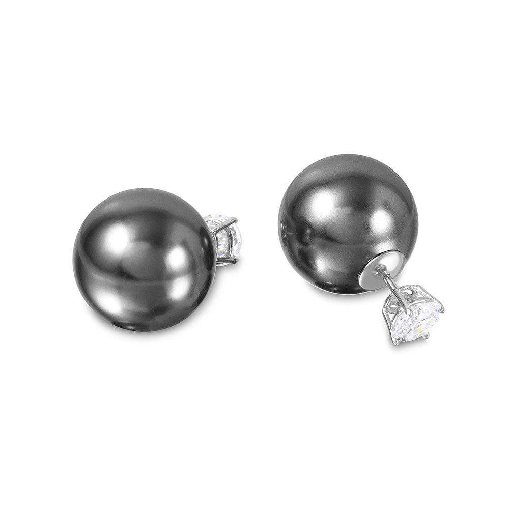 Sterling Silver Rhodium Plated Round CZ Stud Earrings With Grey Synthetic Pearl BackAnd Pearl Diameter of 15.8MM and CZ Diameter of 6MM