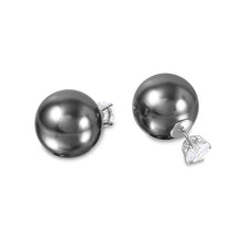 Load image into Gallery viewer, Sterling Silver Rhodium Plated Round CZ Stud Earrings With Grey Synthetic Pearl BackAnd Pearl Diameter of 15.8MM and CZ Diameter of 6MM