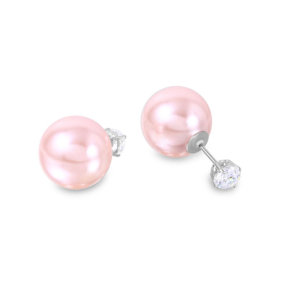 Sterling Silver Rhodium Plated Round CZ Stud Earrings With Pink Synthetic Pearl BackAnd Pearl Diameter of 15.8MM and CZ Diameter of 6MM