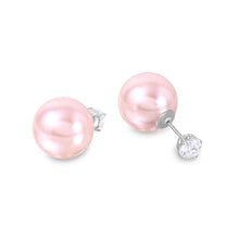 Load image into Gallery viewer, Sterling Silver Rhodium Plated Round CZ Stud Earrings With Pink Synthetic Pearl BackAnd Pearl Diameter of 15.8MM and CZ Diameter of 6MM