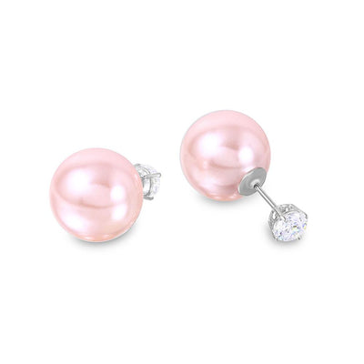 Sterling Silver Rhodium Plated Round CZ Stud Earrings With Pink Synthetic Pearl BackAnd Pearl Diameter of 15.8MM and CZ Diameter of 6MM