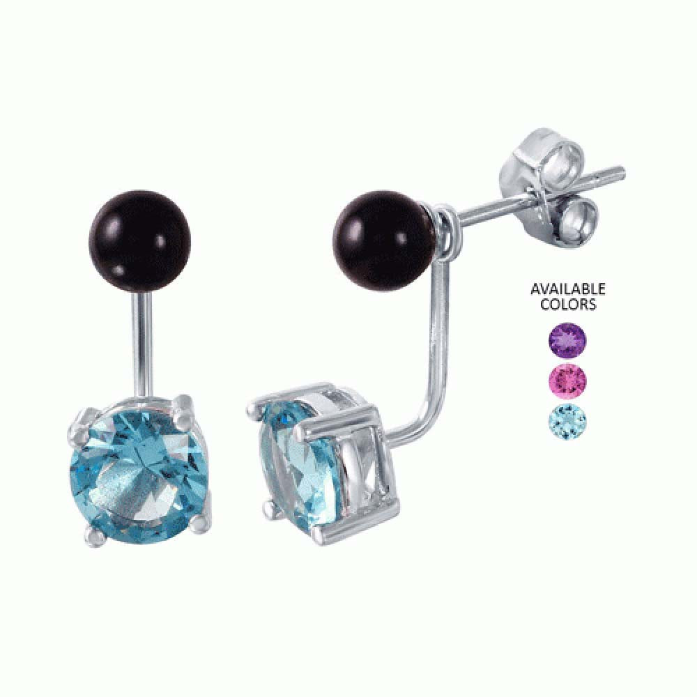 Sterling Silver Birthstone Mini Black Synthetic Pearl Stud Earrings With Light Blue CZ