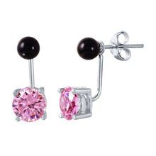 Load image into Gallery viewer, Sterling Silver Birthstone Mini Black Synthetic Pearl Stud Earrings With Pink CZ