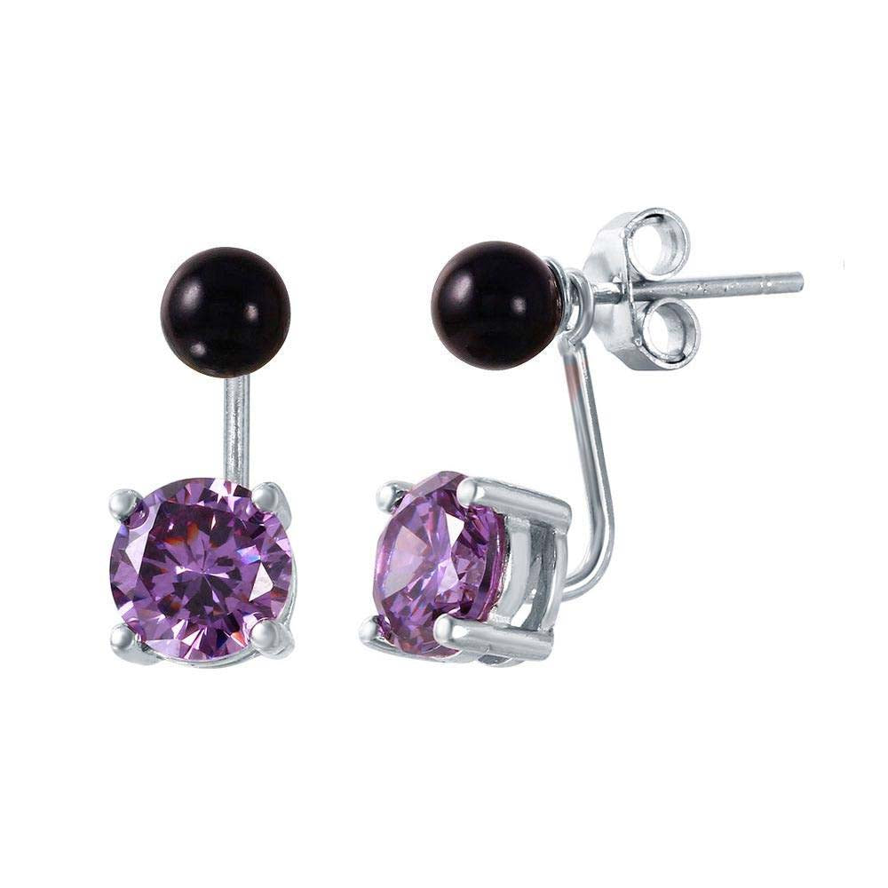 Sterling Silver Birthstone Mini Black Synthetic Pearl Stud Earrings With Purple CZ