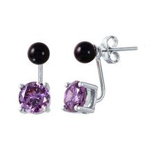 Load image into Gallery viewer, Sterling Silver Birthstone Mini Black Synthetic Pearl Stud Earrings With Purple CZ