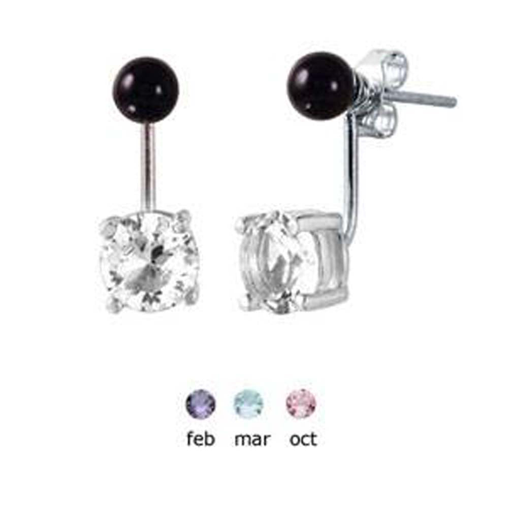 Sterling Silver March Birthstone Mini Black Synthetic Pearl Stud Earrings with Aquamarine CZ