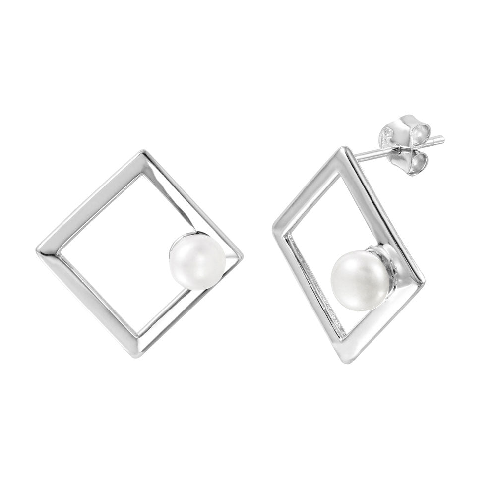 Sterling Silver Nickel Free Rhodium Plated Open Square Shaped Fresh Water Pearl Stud Earrings