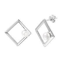 Load image into Gallery viewer, Sterling Silver Nickel Free Rhodium Plated Open Square Shaped Fresh Water Pearl Stud Earrings
