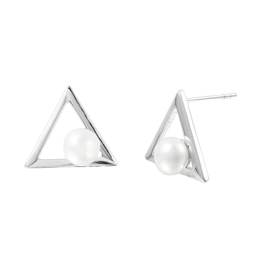 High Polished Sterling Silver Rhodium Plated Open Triangle Stud Earrings with Round White PearlAnd Earring Dimensions of 12MMx14MM