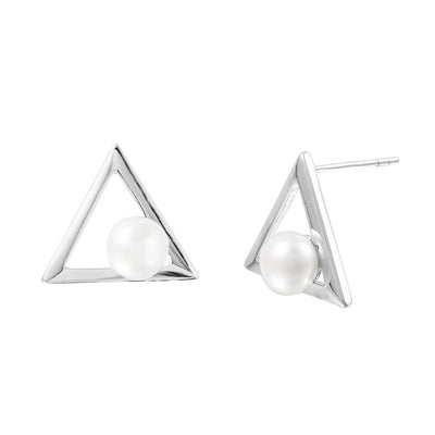 High Polished Sterling Silver Rhodium Plated Open Triangle Stud Earrings with Round White PearlAnd Earring Dimensions of 12MMx14MM