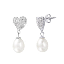 Load image into Gallery viewer, Sterling Silver rhodium Plated CZ Paved Heart Earrings with Synthetic Pearl DangleAnd Earring Dimensions of 24MMx10MM and Friction Post Back
