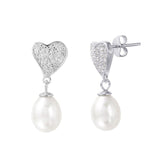 Sterling Silver rhodium Plated CZ Paved Heart Earrings with Synthetic Pearl DangleAnd Earring Dimensions of 24MMx10MM and Friction Post Back
