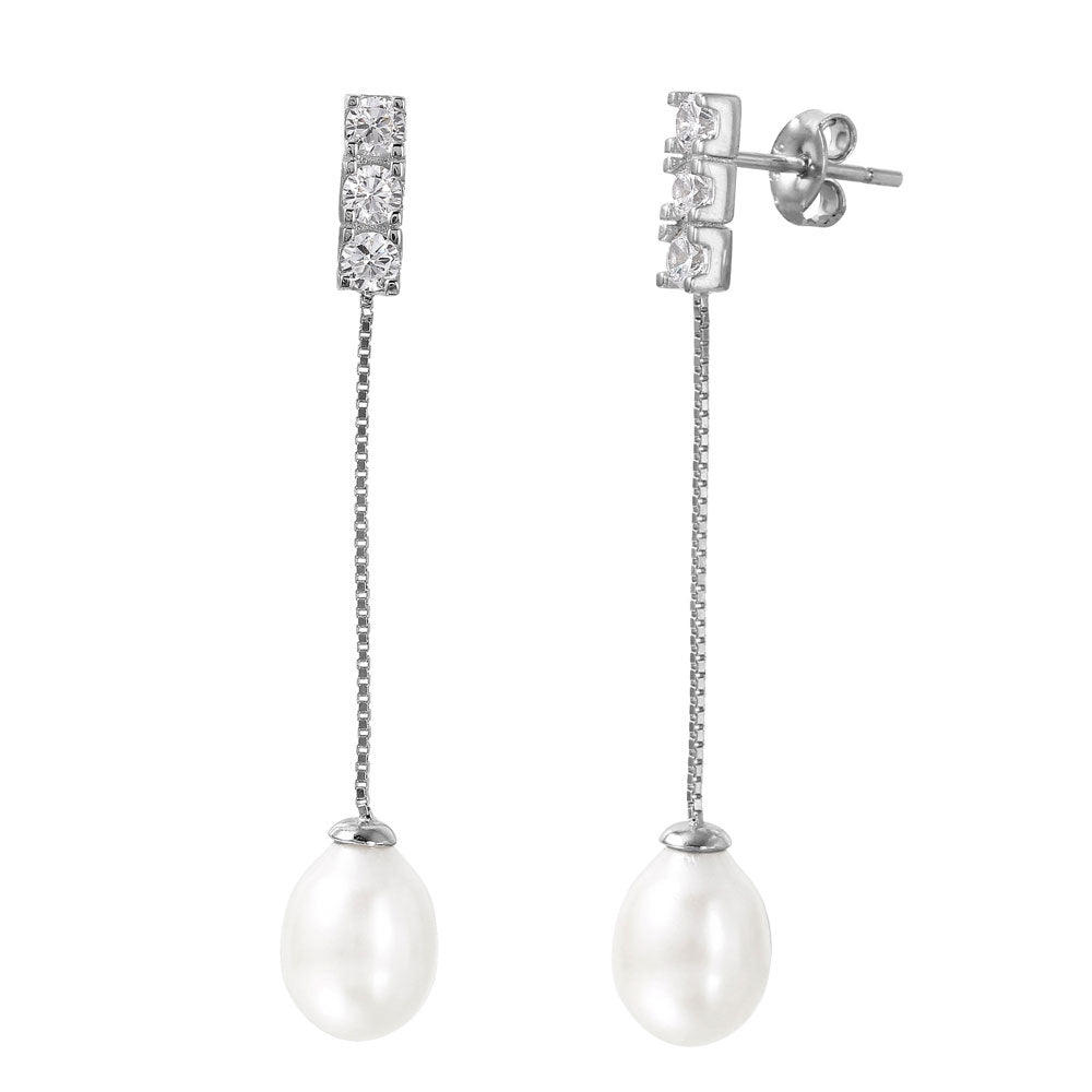 Sterling Silver Rhodium Plated CZ Paved Bar Earrings with Synthetic Pearl DangleAnd Earring Dimensions of 45MMx8MM and Friction Post Back