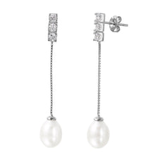 Load image into Gallery viewer, Sterling Silver Rhodium Plated CZ Paved Bar Earrings with Synthetic Pearl DangleAnd Earring Dimensions of 45MMx8MM and Friction Post Back
